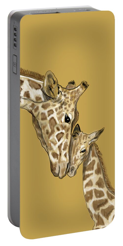 Nature Portable Battery Charger featuring the mixed media Giraffe Mom and Baby by Judy Cuddehe