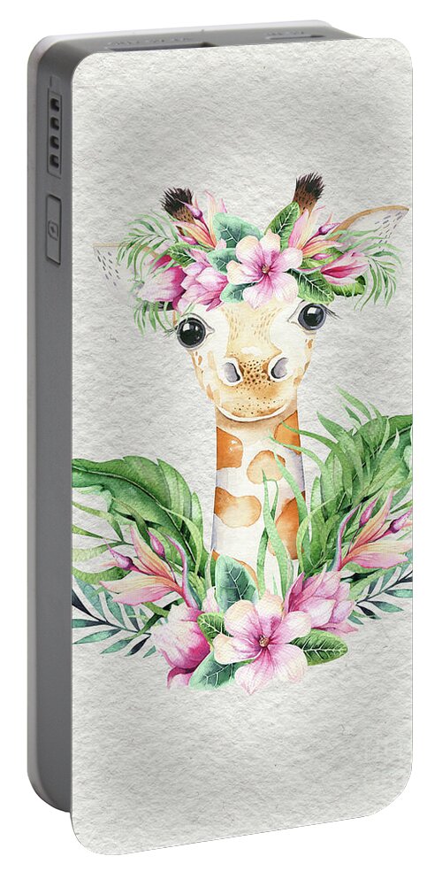 Giraffe Portable Battery Charger featuring the painting Giraffe With Flowers by Nursery Art