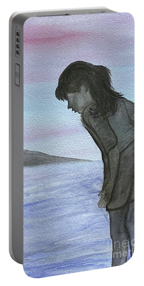 Silhouette Portable Battery Charger featuring the painting Girl at the Beach by Lisa Neuman