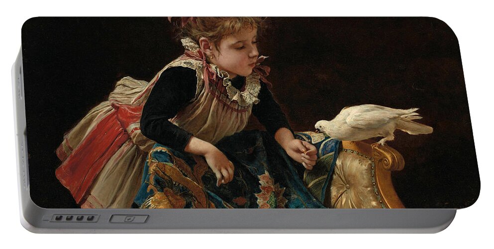 Roberto Fontana Portable Battery Charger featuring the painting Girl with a dove by Roberto Fontana