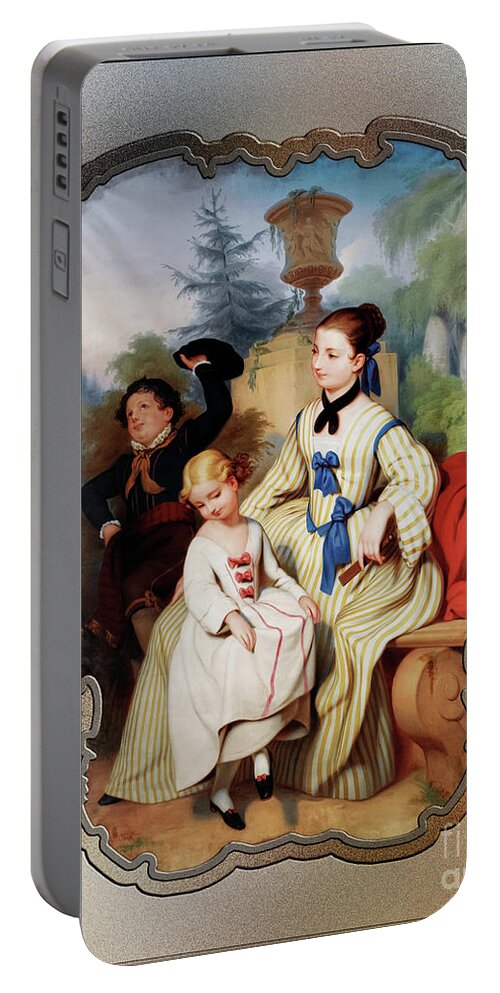 Girl Portable Battery Charger featuring the painting Girl With A Fan And Two Children In Elegant Dress Remastered Retro Art Xzendor7 Reproductions by Rolando Burbon