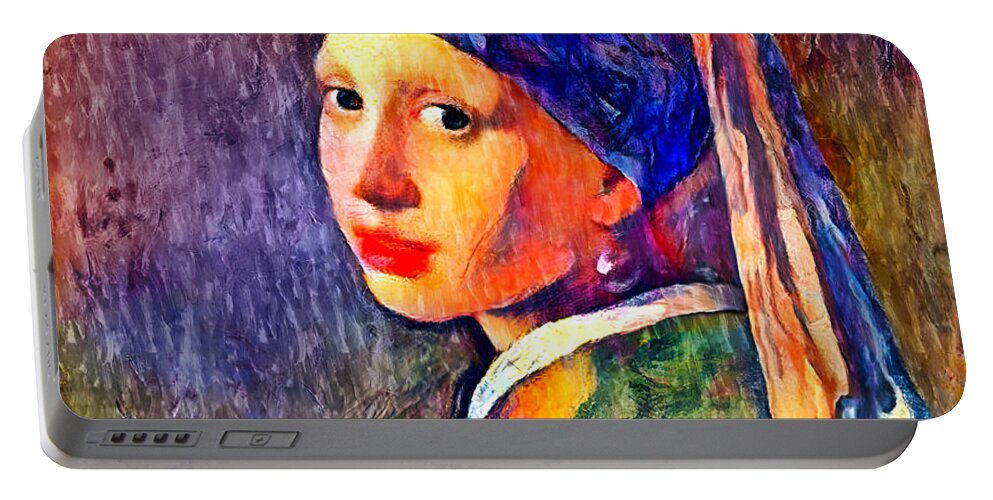 Girl With A Pearl Earring Portable Battery Charger featuring the digital art Girl with a Pearl Earring by Johannes Vermeer - colorful digital recreation by Nicko Prints