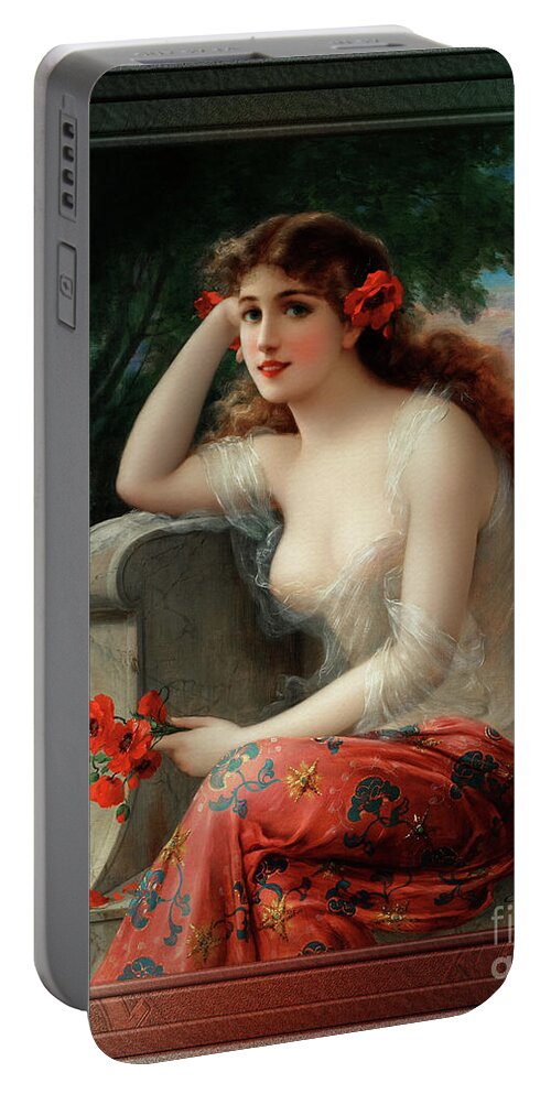 Girl With A Poppy Portable Battery Charger featuring the painting Girl with a Poppy by Emile Vernon Vintage Fine Art Xzendor7 Old Masters Reproductions by Rolando Burbon