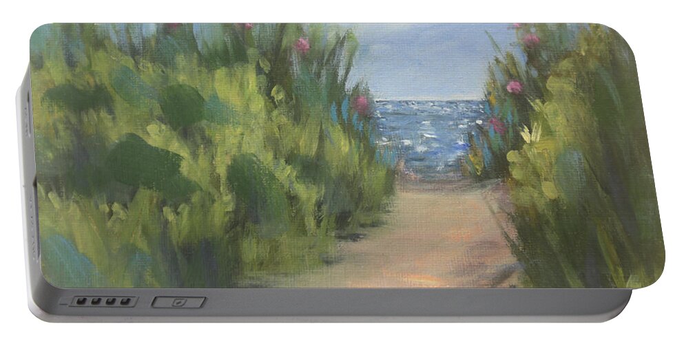 Mini Painting Portable Battery Charger featuring the painting Glistening Sea at the End of the Path by Trina Teele