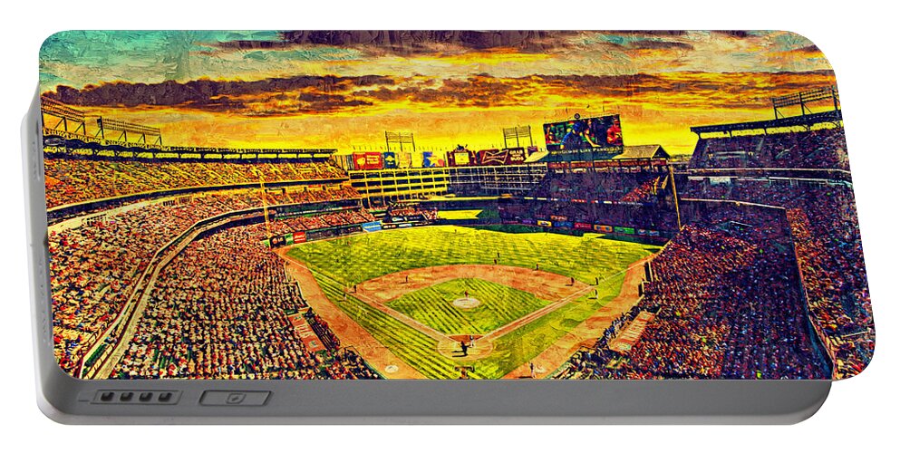 Globe Life Park Portable Battery Charger featuring the digital art Globe Life Park in Arlington, Texas, at sunset - digital painting by Nicko Prints