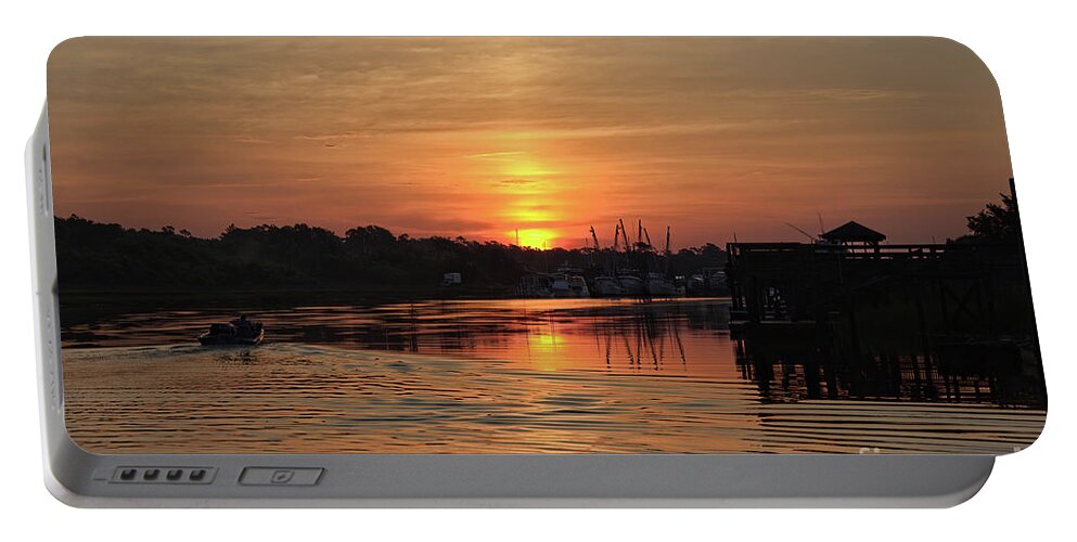 Golden Portable Battery Charger featuring the photograph Glory of the Morning on the Water by Roberta Byram
