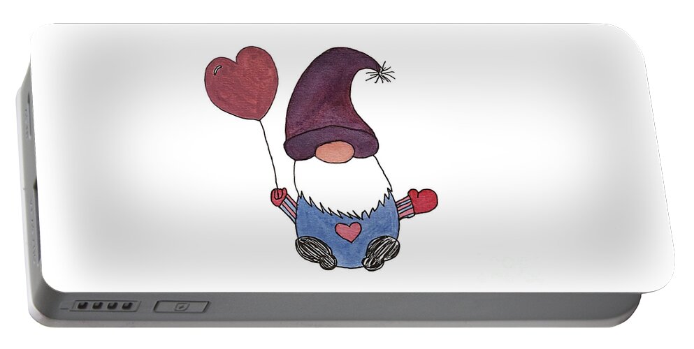 Valentine's Day Portable Battery Charger featuring the mixed media Gnome with Purple Hat by Lisa Neuman