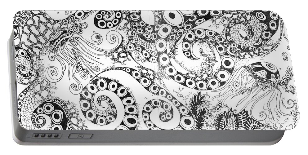 Octopus Portable Battery Charger featuring the drawing Go with the Flow by Leela Payne