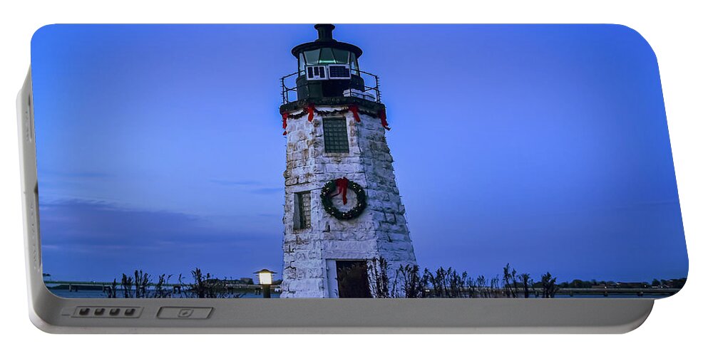 Goat Island Lighthouse Dressed For The Holidays Portable Battery Charger featuring the photograph Goat Island Lighthouse dressed for the Holidays by Christina McGoran