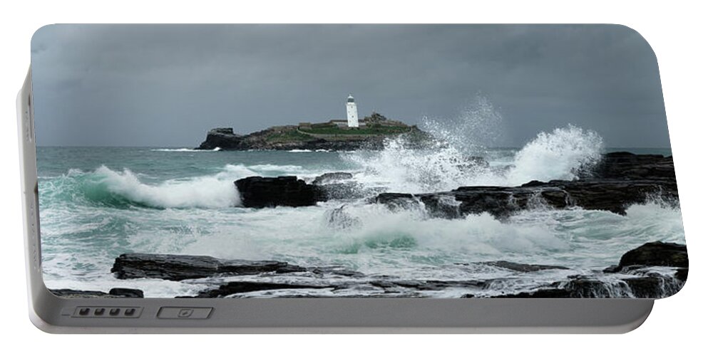 Devon Portable Battery Charger featuring the photograph Godrevy Lighthouse Storm Waves Cornwal South west coast path by Sonny Ryse