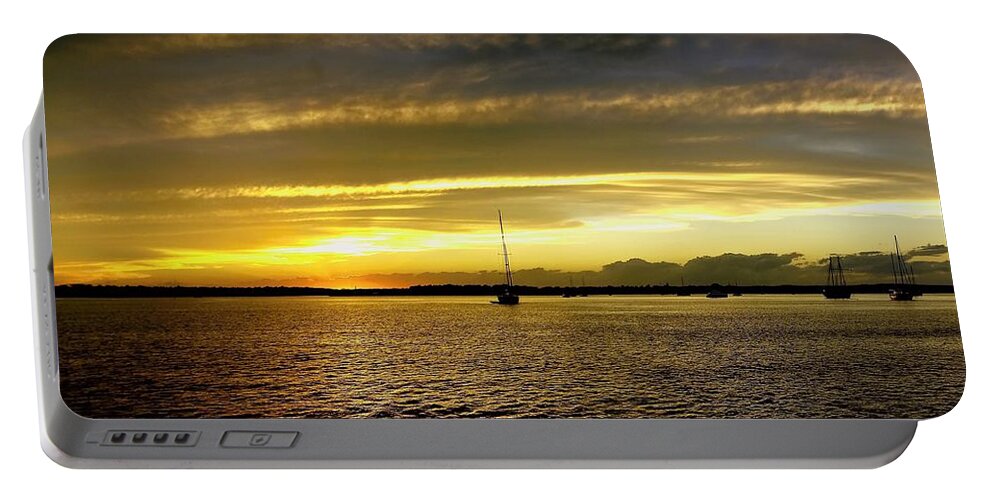 Sss211c Portable Battery Charger featuring the photograph Gold coloured Cirrostratus cloudy coastal Sunset Seascape. Queen by Geoff Childs