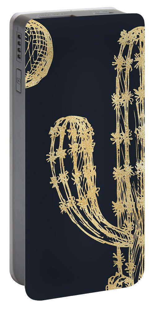 Cactus Portable Battery Charger featuring the digital art Gold Glitter Cactus - Night by Ink Well
