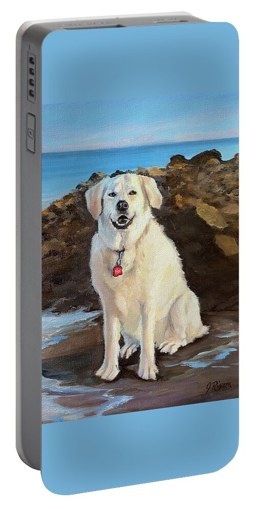 Dog Portable Battery Charger featuring the painting Golden at the Beach by Judy Rixom