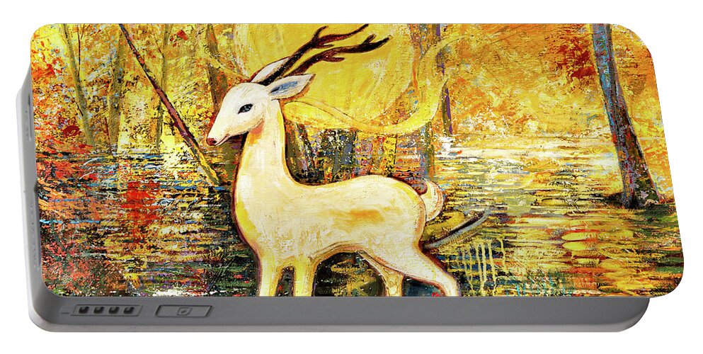 Deer Portable Battery Charger featuring the painting Golden Autumn by Shijun Munns