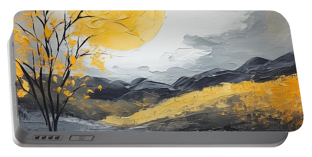 Yellow Portable Battery Charger featuring the digital art Golden Fields and Gray Skies by Lourry Legarde