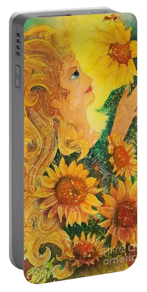 Sunflowers Portable Battery Charger featuring the painting Golden Garden Goddess by Carol Losinski Naylor