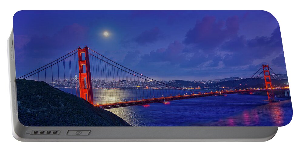 Night Portable Battery Charger featuring the photograph Golden Gate Reflections by Beth Sargent
