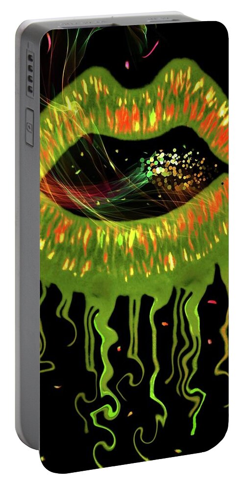 Gold Portable Battery Charger featuring the painting Golden Green Lips by Anna Adams