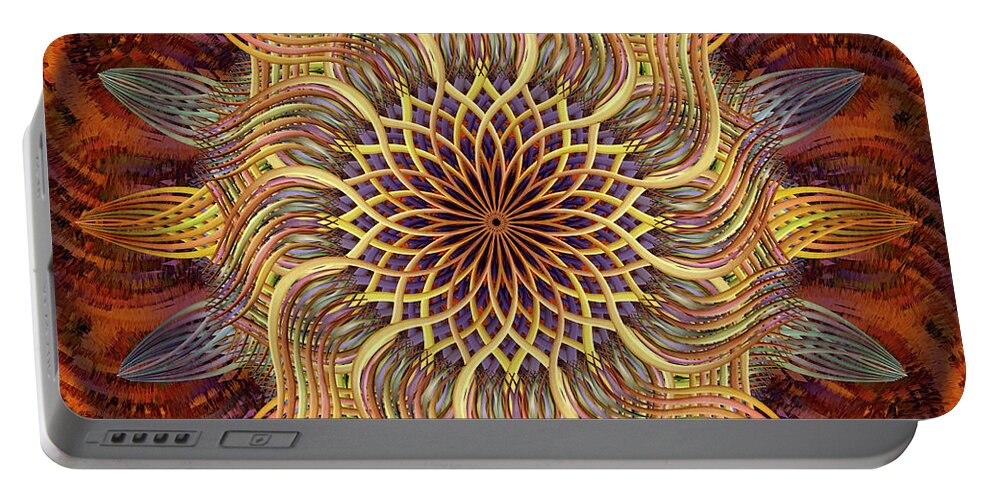 Pinwheel Mandala Portable Battery Charger featuring the digital art Golden Rhythm Slipstream by Becky Titus