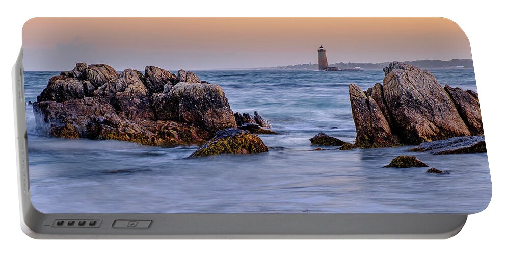 Bay Portable Battery Charger featuring the photograph Golden Sky, Whaleback Light. by Jeff Sinon