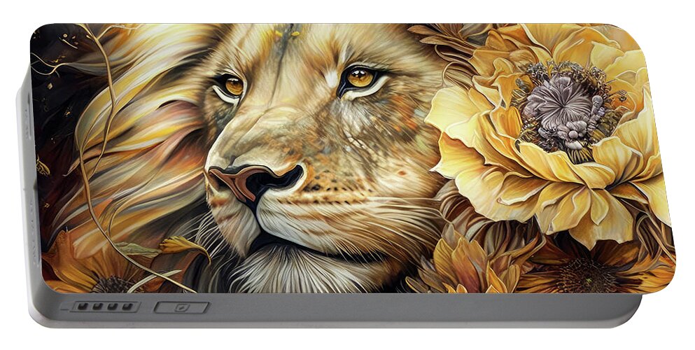 Lion Portable Battery Charger featuring the painting Golden Spirit Lion by Tina LeCour
