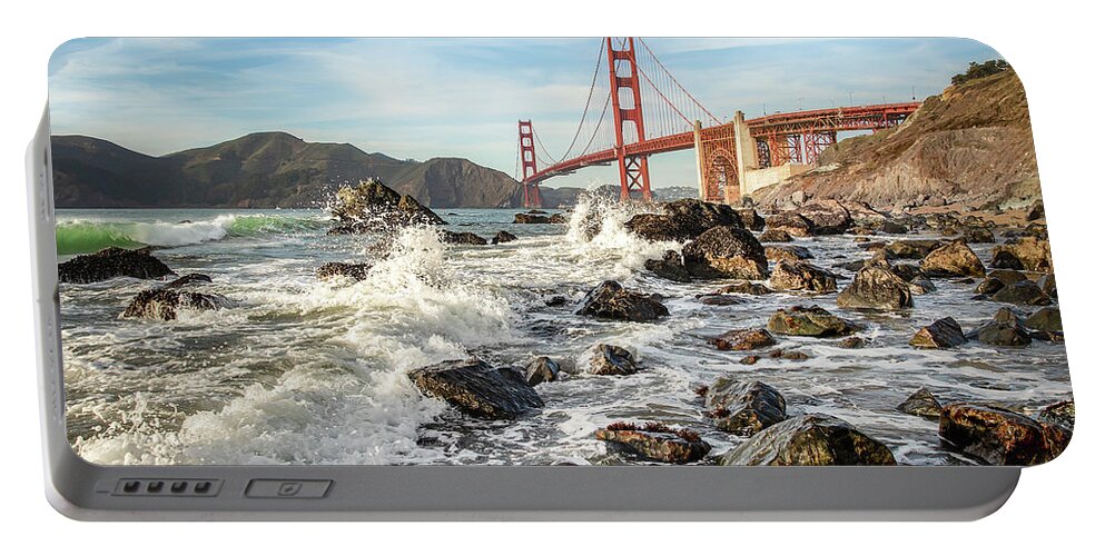 Golden Gate Bridge Portable Battery Charger featuring the photograph Golden Splash by Gary Geddes