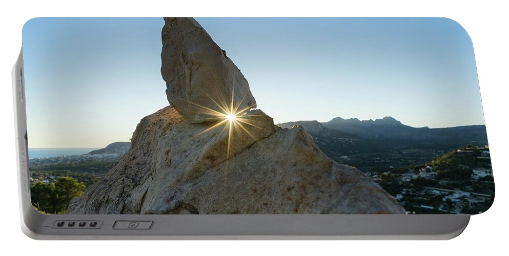 Mountain Landscape Portable Battery Charger featuring the photograph Golden sunbeams, rocks and blue sky by Adriana Mueller