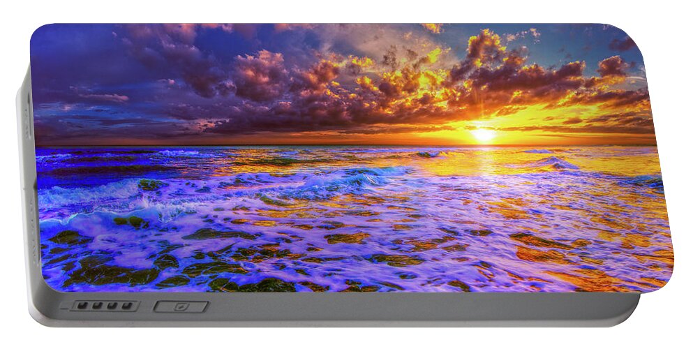 Art Portable Battery Charger featuring the photograph Golden Sunset Blue Waves Dark Sea by Eszra Tanner