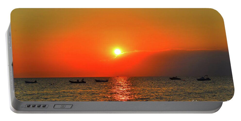 Harmony Portable Battery Charger featuring the photograph Golden Sunset Seascape And Boats by Leonida Arte
