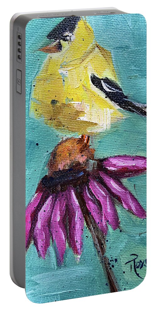 Goldfinch Portable Battery Charger featuring the painting Goldfinch on a Coneflower by Roxy Rich