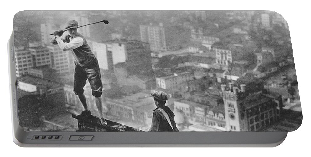 Golf Portable Battery Charger featuring the painting Golfer On Girder Over New York by Tony Rubino