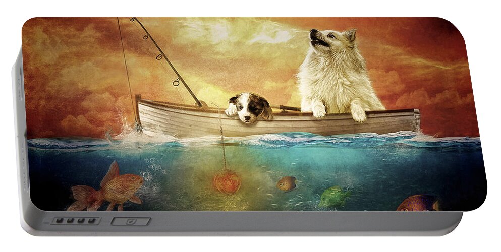 Icelandic Sheepdog Portable Battery Charger featuring the digital art Gone Fishing by Maggy Pease
