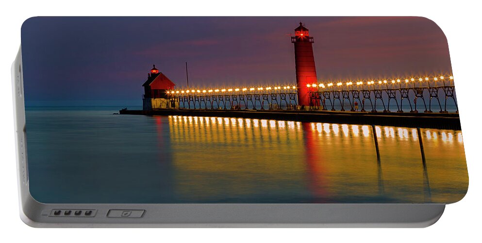 Sunset Grand Portable Battery Charger featuring the photograph Grand Haven South Pier Lighthouse by Jack R Perry