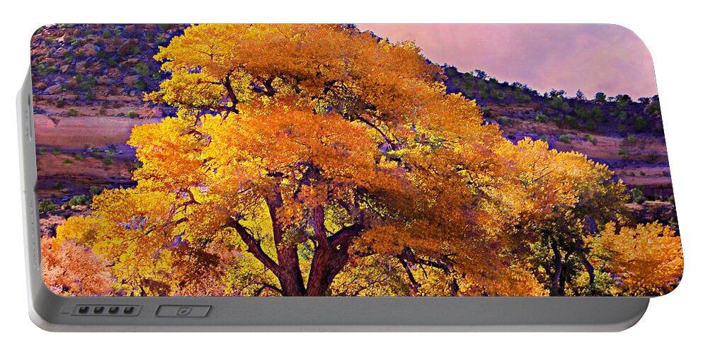 Great Fall Colors In The Southwestern Part Of Colorado Yellows Told Tans Light Green Pinks Blue Peaceful Beauty Portable Battery Charger featuring the digital art Grand Old Cottonwood Tree by Annie Gibbons