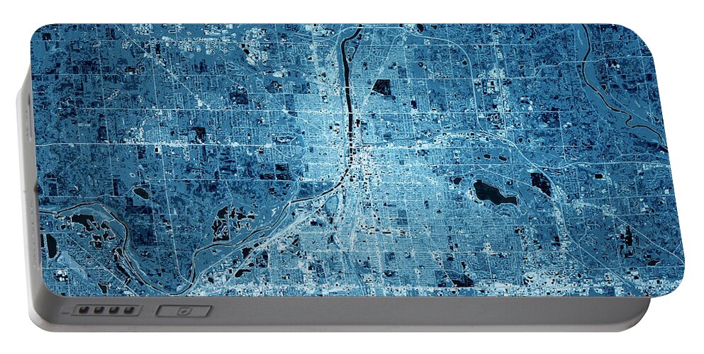Grand Rapids Portable Battery Charger featuring the digital art Grand Rapids Michigan 3D Render Map Blue Top View Apr 2019 by Frank Ramspott
