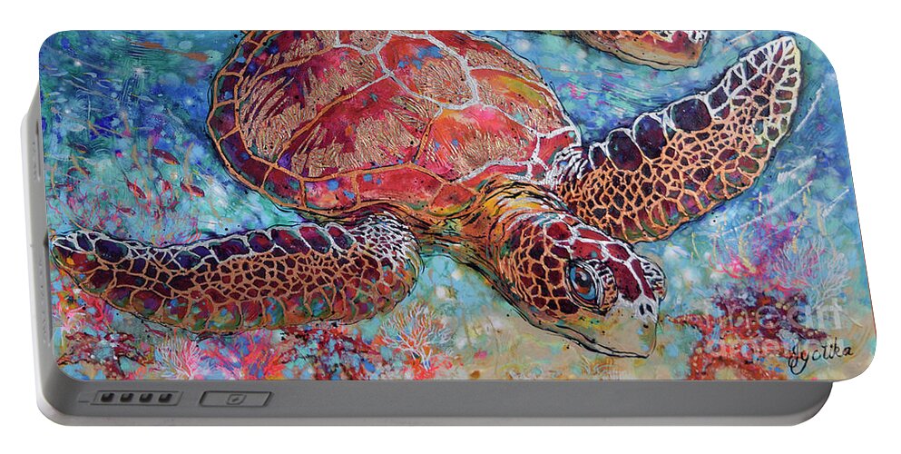 Green Sea Turtles Portable Battery Charger featuring the painting Grand Sea Turtles by Jyotika Shroff