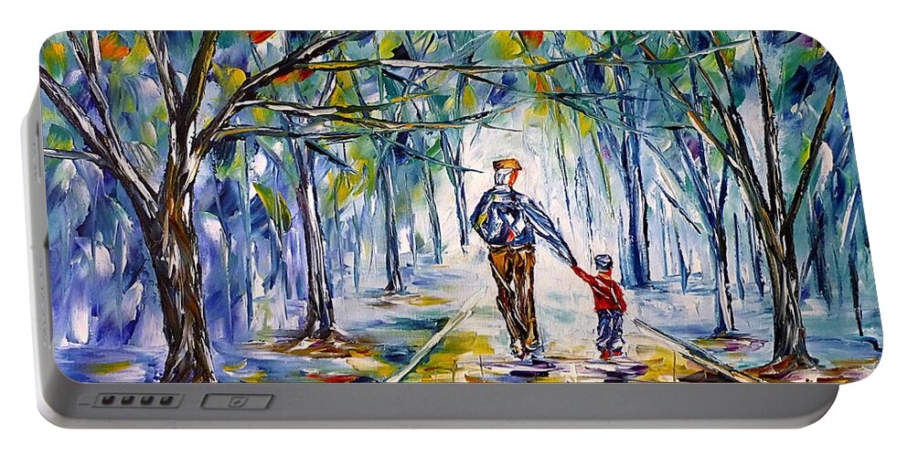 Autumn Walk Portable Battery Charger featuring the painting Grandpa With Grandson by Mirek Kuzniar