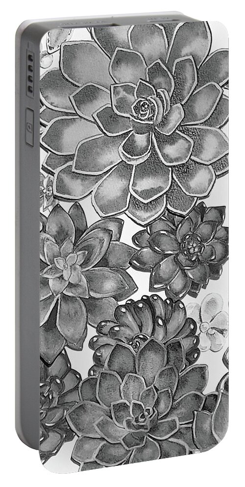 Succulent Portable Battery Charger featuring the painting Gray Monochrome Succulent Plants Garden Watercolor Art Decor X by Irina Sztukowski