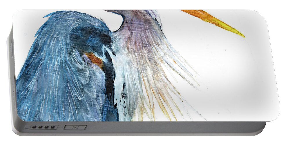 Great Blue Heron Portable Battery Charger featuring the mixed media Great Blue Heron by Jani Freimann