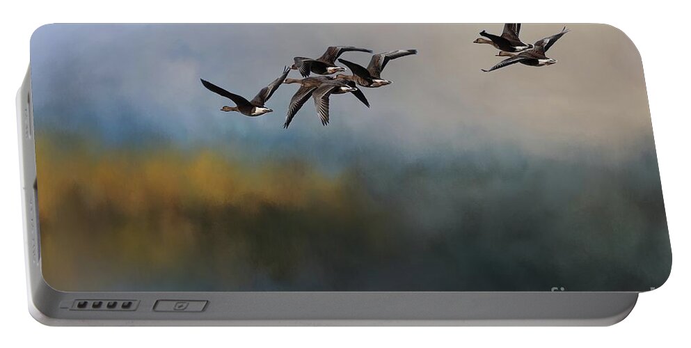 Greater White-fronted Geese Portable Battery Charger featuring the photograph Greater White-Fronted Geese Flying by Eva Lechner