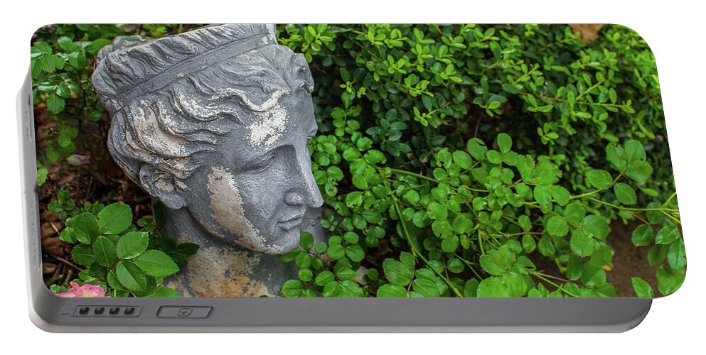 Tea Roses Portable Battery Charger featuring the photograph Grecian head in tea rose garden by Susan Vineyard