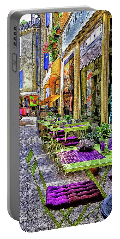 Cafe Portable Battery Charger featuring the photograph Green and Purple Sidewalk Cafe #2 by Steve Templeton