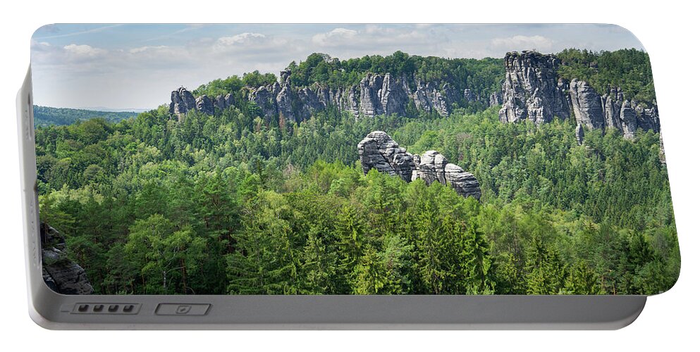 Elbe Sandstone Mountains Portable Battery Charger featuring the photograph Green forest and sandstones in the Bastei area, Saxon Switzerland by Adriana Mueller