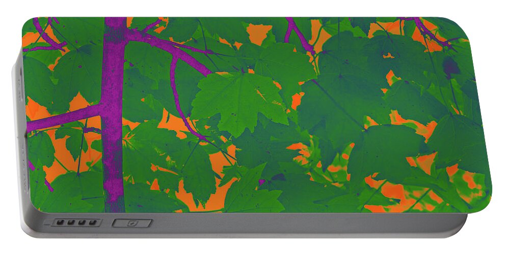Memphis Portable Battery Charger featuring the digital art Green Leaves On Orange by David Desautel