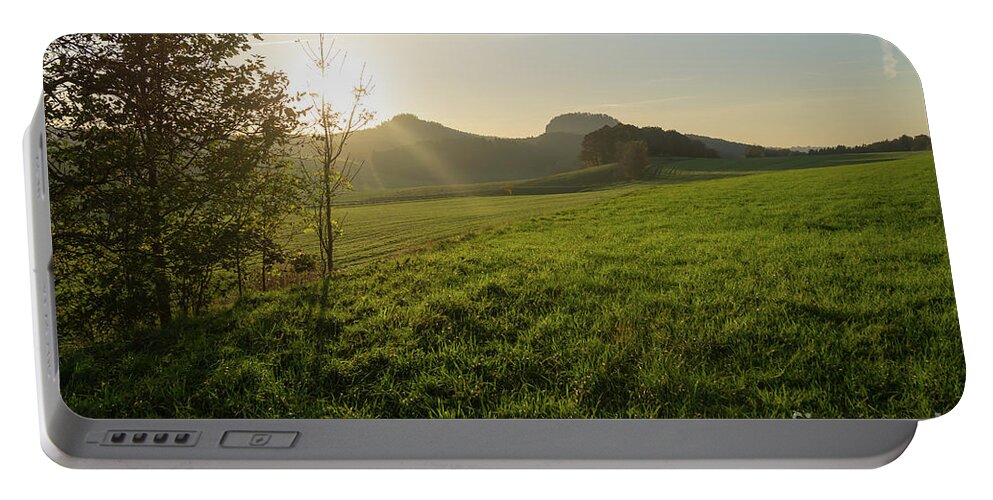 Saxon Switzerland Portable Battery Charger featuring the photograph Green meadow and golden light 3 by Adriana Mueller