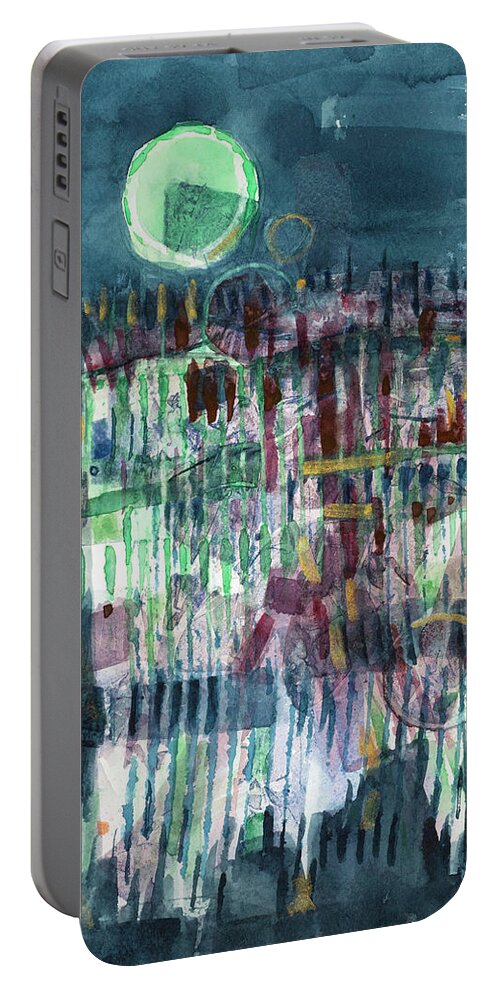 Abstract Portable Battery Charger featuring the painting Green Moon by Lisa Tennant