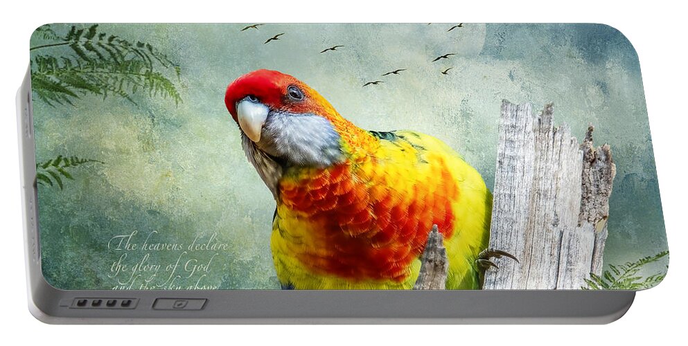 Parrot Portable Battery Charger featuring the digital art Green Rosella Hybrid, of Tasmania by Cindy Collier Harris