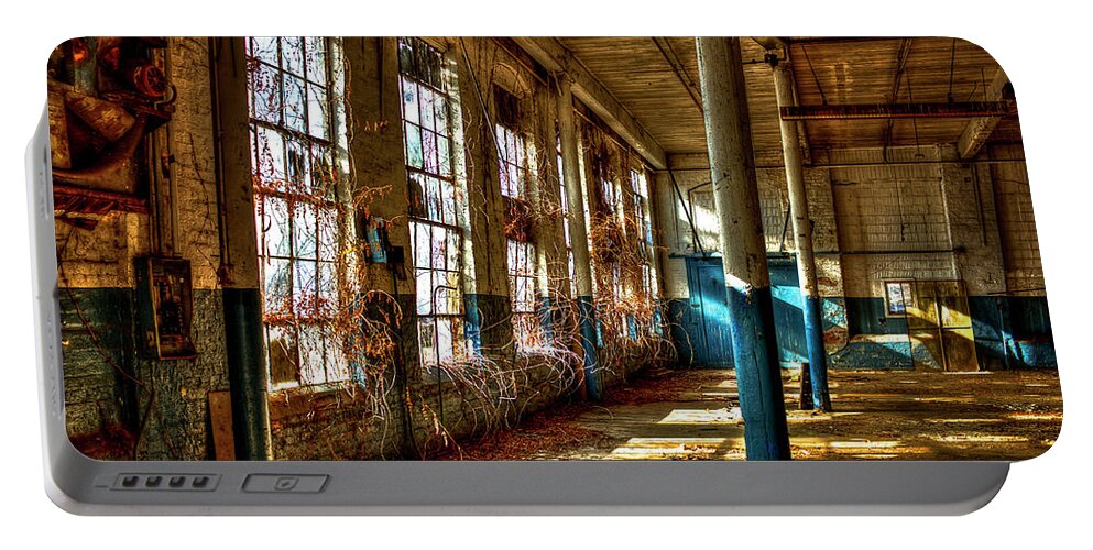 Reid Callaway Outside Coming In Portable Battery Charger featuring the photograph Greensboro GA Mary Leila Cotton Mill Vines Of Time Historic Architectural Art by Reid Callaway
