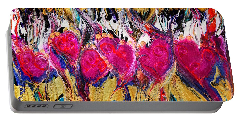 Colorful Stylized Hearts Valentines Red Dynamic Compelling Energetic Love Fun Portable Battery Charger featuring the painting Growing Love 7665 by Priscilla Batzell Expressionist Art Studio Gallery