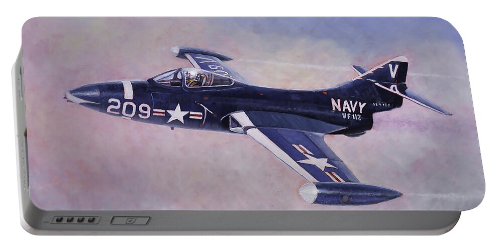 Flying Portable Battery Charger featuring the painting Grumman F-9F Panther by Douglas Castleman